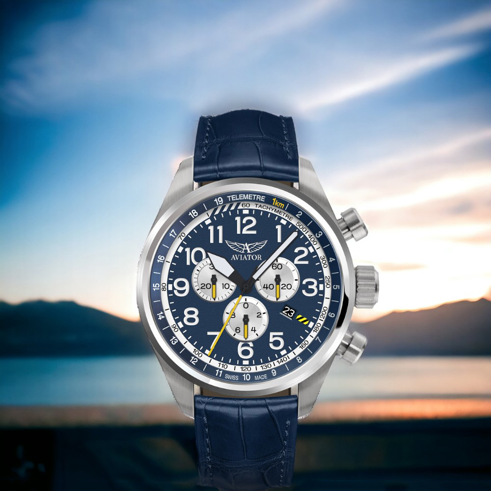 AVIATOR 飛行員 AIRACOBRA P45 飛行風格計時腕錶 男錶 手錶 藍色-V.2.25.0.170.4