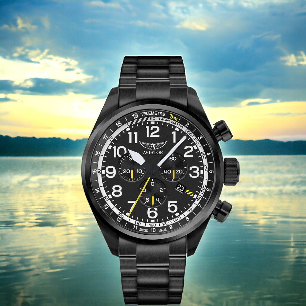 AVIATOR 飛行員 AIRACOBRA P45 飛行風格計時腕錶 男錶 手錶 黑色-V.2.25.5.169.5