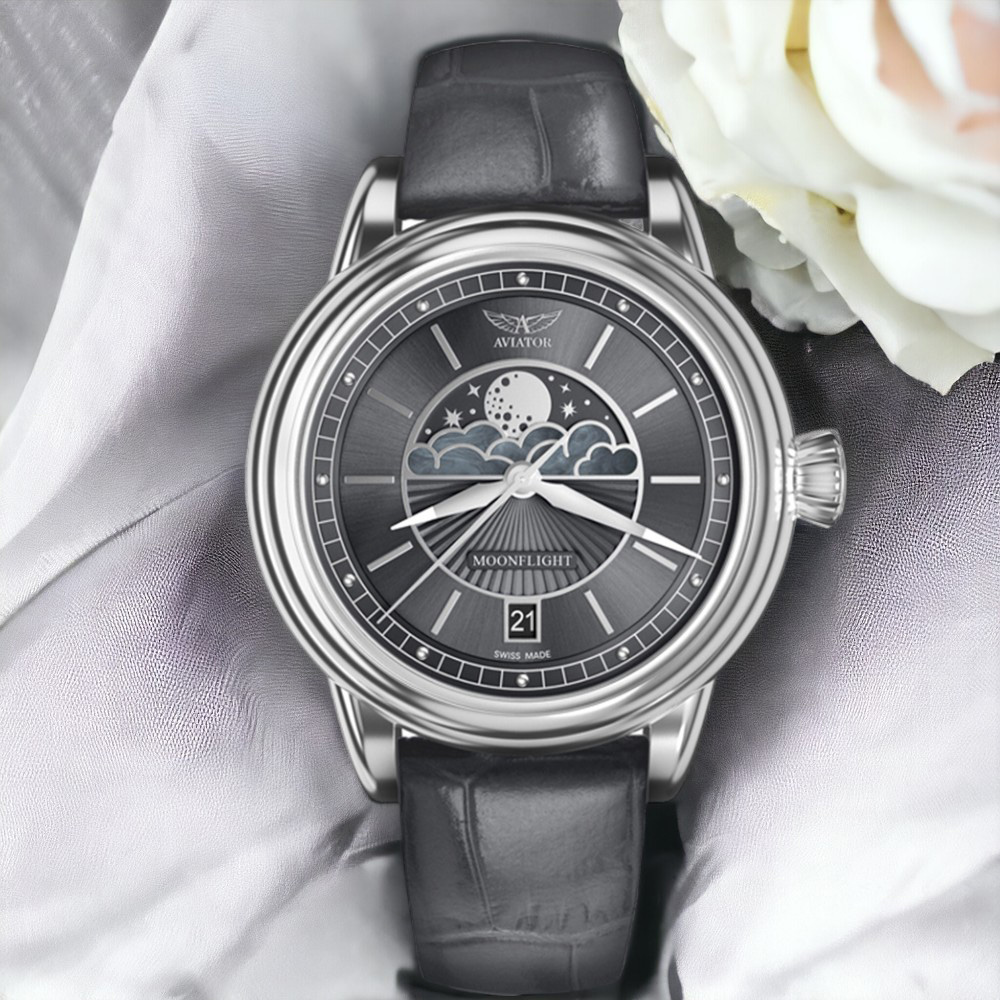 AVIATOR 飛行員 DOUGLAS MOONFLIGHT 月相 時尚腕錶 女錶 高級灰-V.1.33.0.254.4