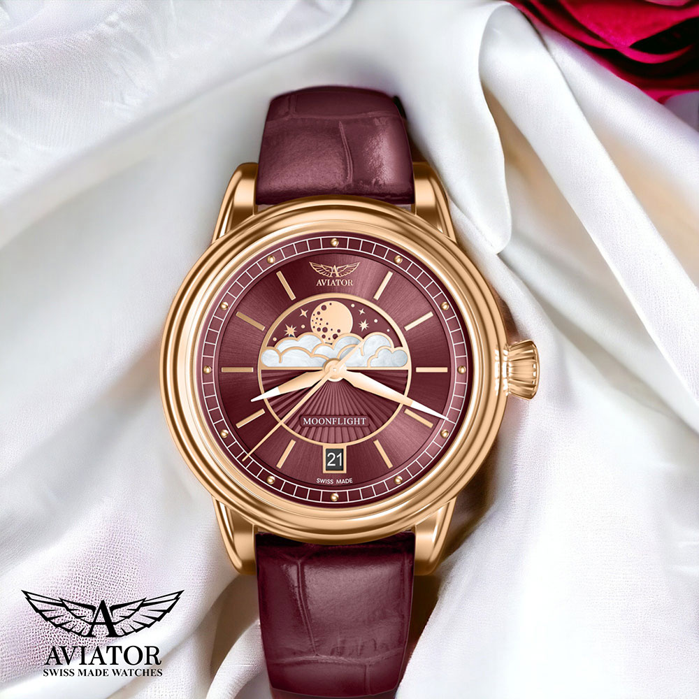 AVIATOR 飛行員 DOUGLAS MOONFLIGHT 月相 時尚腕錶 女錶 紅色-V.1.33.2.265.4