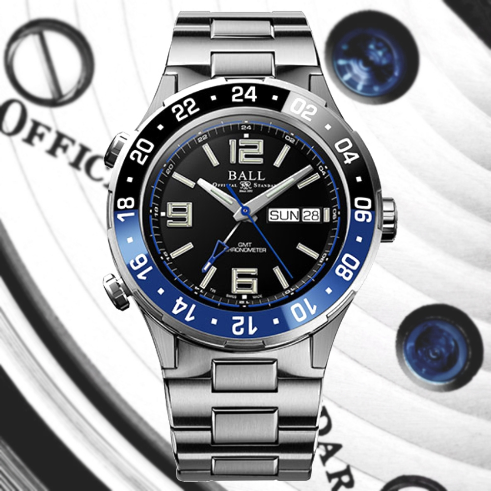 BALL波爾 B2 Roadmaster GMT 微型氣燈 三時區顯示機械錶-黑40mm(DG3030B-S1CJ-BK)