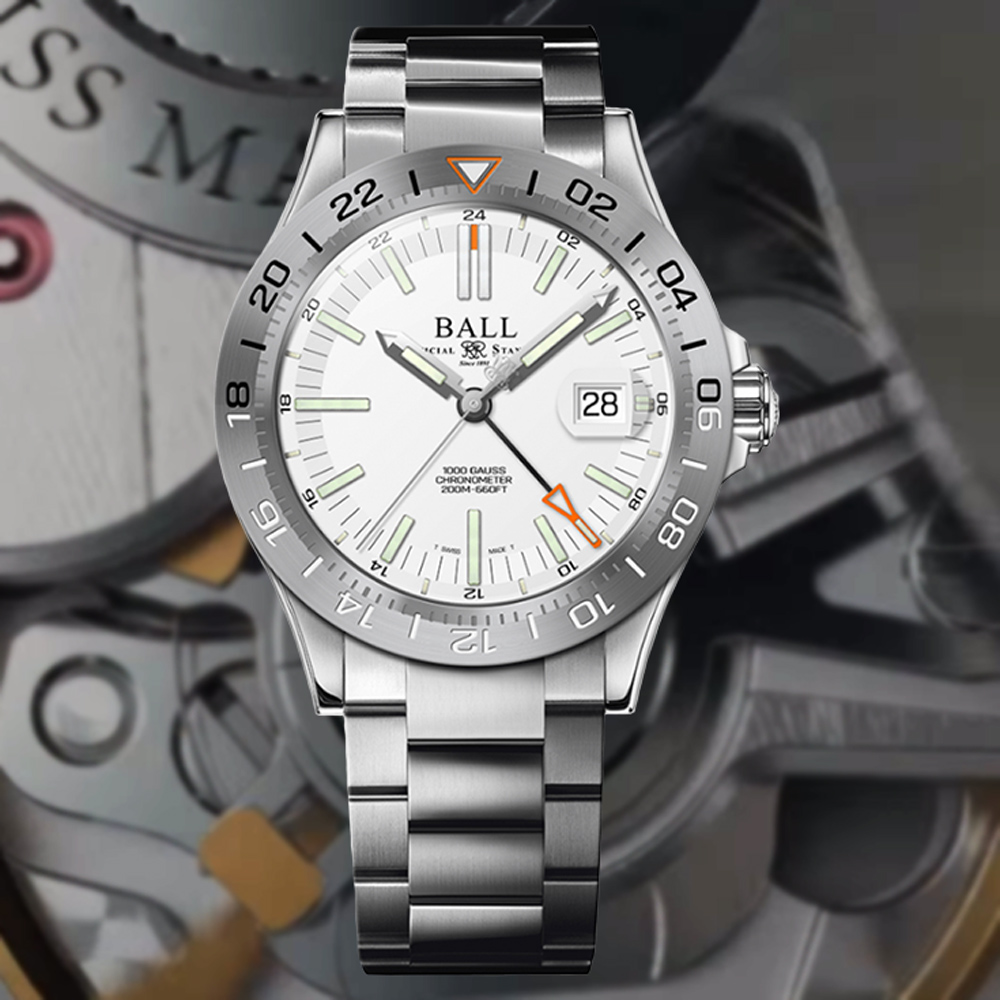BALL 波爾 B2 Engineer III 自體發光微型氣燈夜光三時區機械錶-白40mm(DG9000B-S1C-WH)