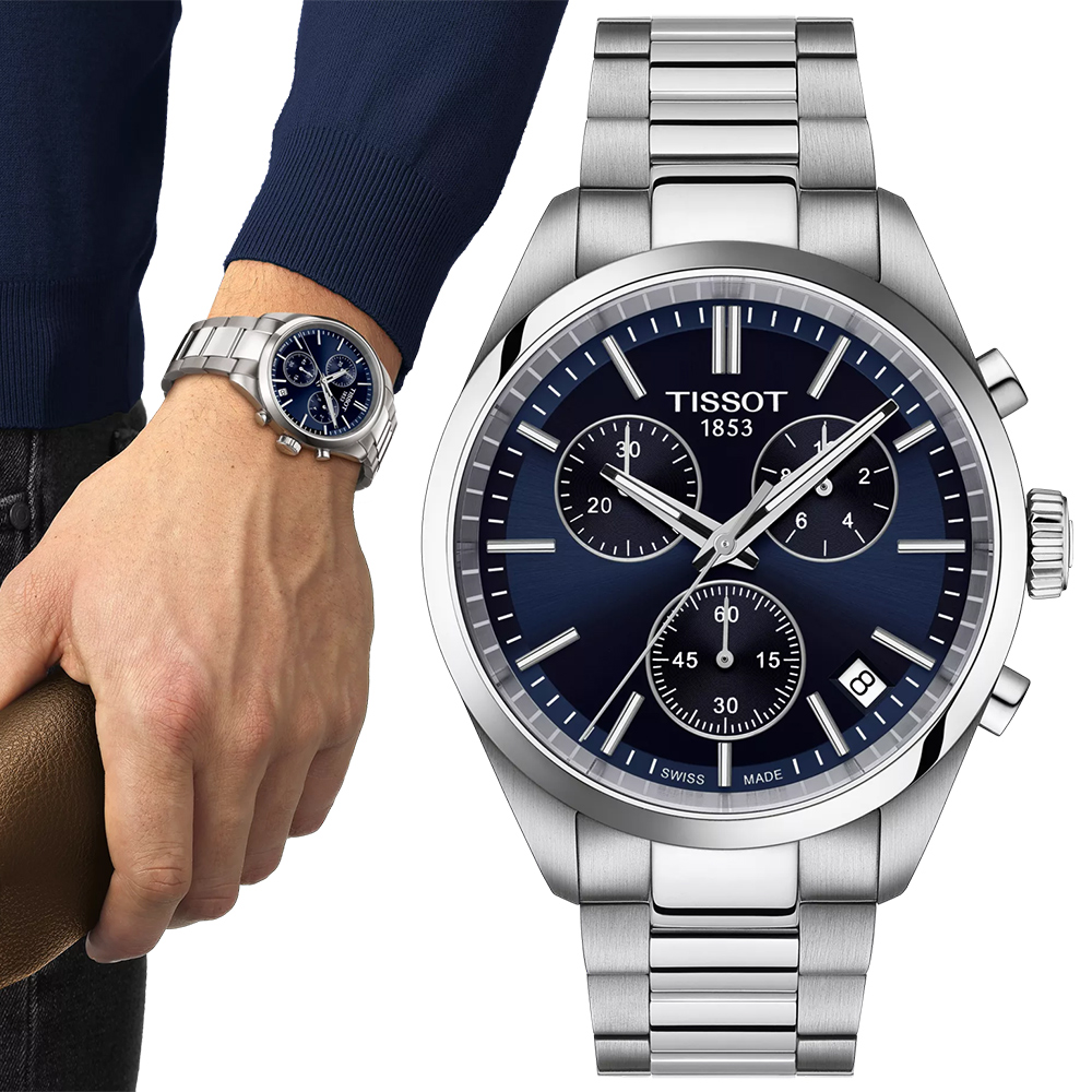 TISSOT 天梭 PR100 經典時尚三眼計時錶/藍/40mm/T1504171104100
