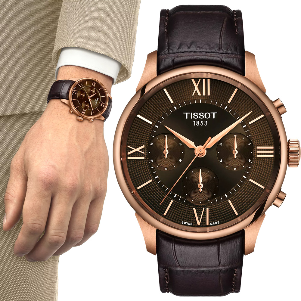TISSOT 天梭 Chemin Des Tourelles 杜魯爾系列 三眼計時機械錶-42mm T1394623629800