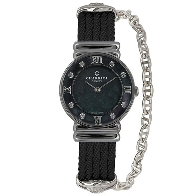 CHARRIOL 夏利豪 St Tropez 黑鋼索真鑽腕錶 (028SBD1.545.559)x珍珠貝x25mm