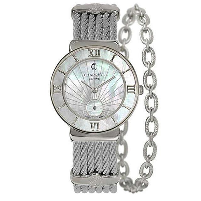 CHARRIOL夏利豪 ST-TROPEZ 太陽紋珍珠貝鎖鍊錶(ST30SI 560 008)x銀x30mm