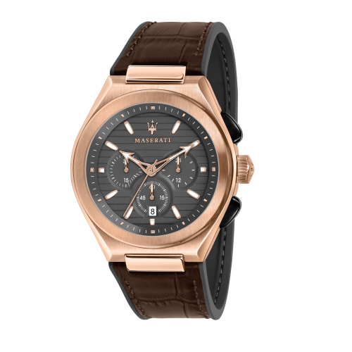 MASERATI 瑪莎拉蒂 玫瑰金三眼咖啡色皮帶腕錶43mm(R8871639003)