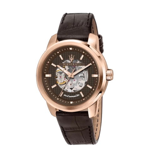 MASERATI 瑪莎拉蒂SUCCESSO鏤空玫瑰金咖啡色皮帶機械腕錶44mm(R8821121001)