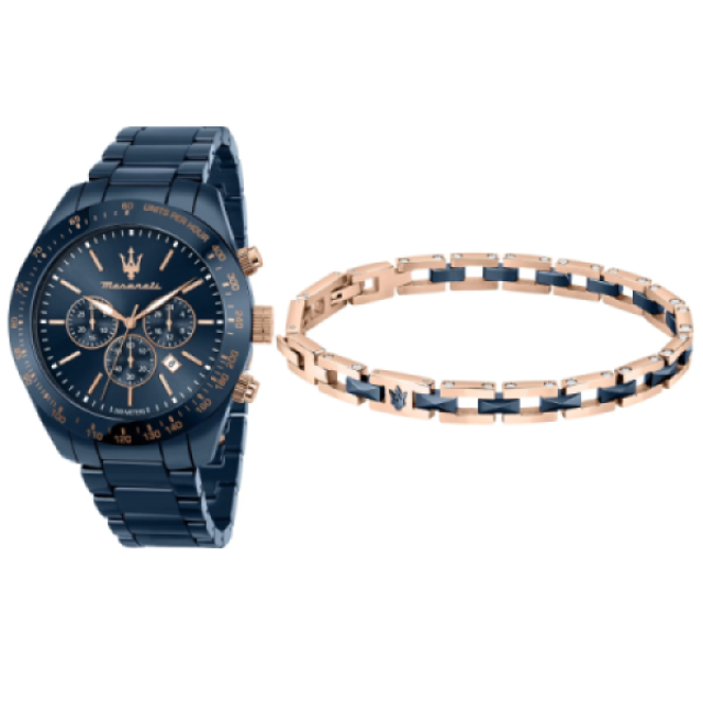 【Maserati 瑪莎拉蒂】TRAGUARDO CERAMIC經典都會時尚三眼陶瓷腕錶+手環套組-寶藍系/R8873650003