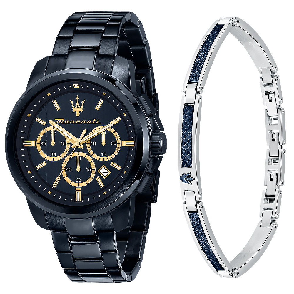 MASERATI 瑪莎拉蒂 Successo 綻藍三眼計時手錶 手鍊套組-44mm R8873621042