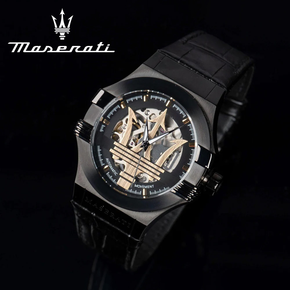 Maserati 瑪莎拉蒂 Potenza 力霸群雄 R8821108036 尊爵黑鏤空大三叉寶石軸承夜光真皮機械 腕錶