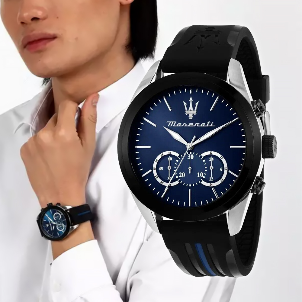Maserati 瑪莎拉蒂 Traguardo 長徵終站系列 R8871612044 暗夜寶藍真三眼夜光矽膠石英 手錶