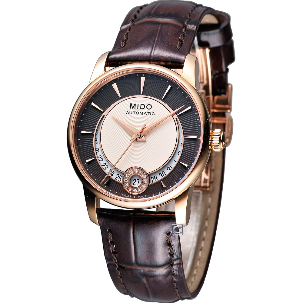 MIDO Baroncelli 真鑽機械腕錶-M0072073629100/咖啡x玫瑰金框/33mm