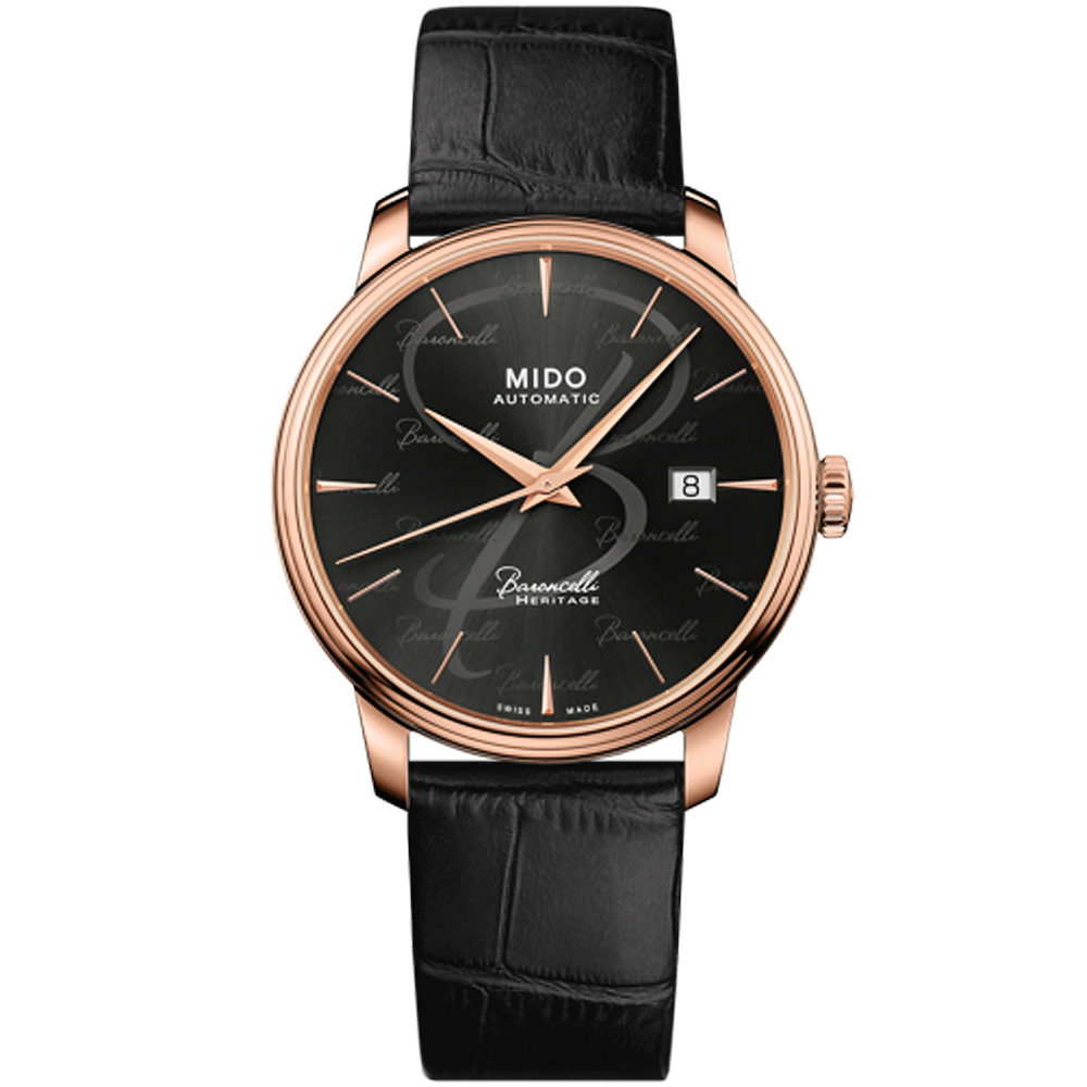 MIDO 美度 Baroncelli 永恆系列 超薄復刻機械錶-黑x玫瑰金/39mm M0274073605100