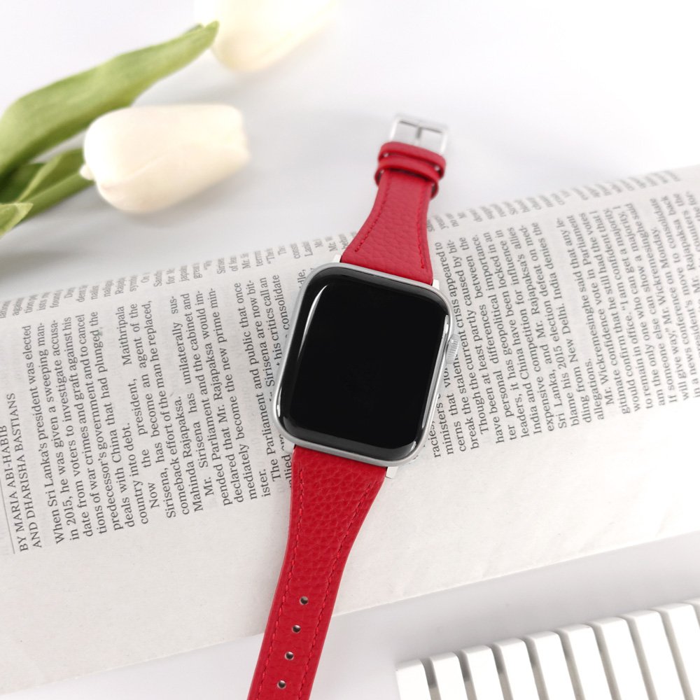 Apple Watch 全系列通用錶帶 蘋果手錶替用錶帶 荔枝紋 銀鋼扣 真皮錶帶 紅色 ＃85847301RD