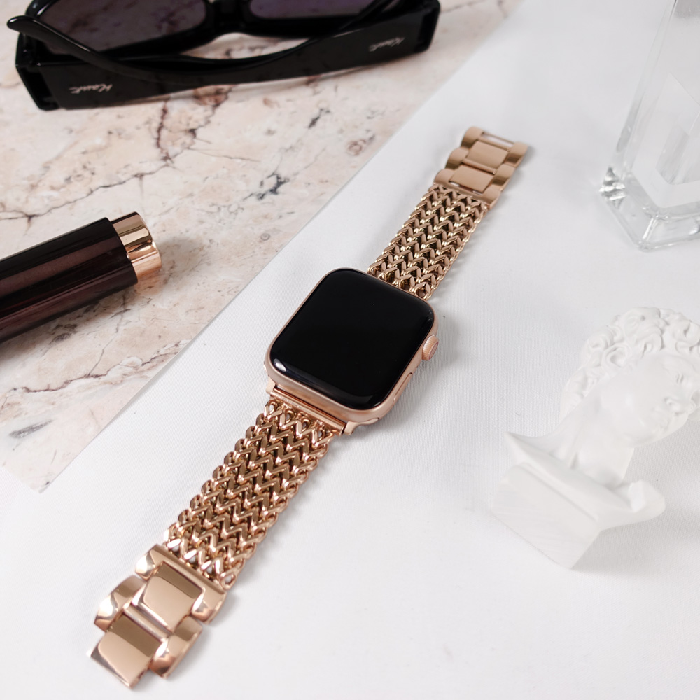 Apple Watch 全系列通用錶帶 蘋果手錶替用錶帶 立體心字 折疊扣不鏽鋼錶帶 玫瑰金色＃858-150-RG