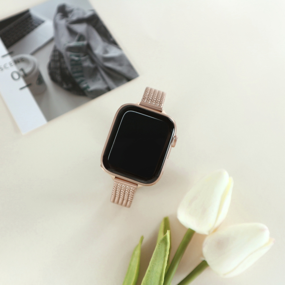Apple Watch 全系列通用錶帶 蘋果手錶替用錶帶 磁吸彎折扣 編織鋅合金錶帶 玫瑰金色#858-450-RG