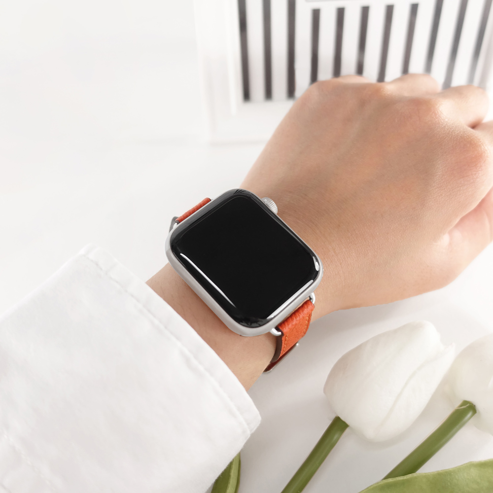Apple Watch 全系列通用錶帶 蘋果手錶替用錶帶 荔枝皮紋 同寬 真皮錶帶 橘色 ＃858-078-OE