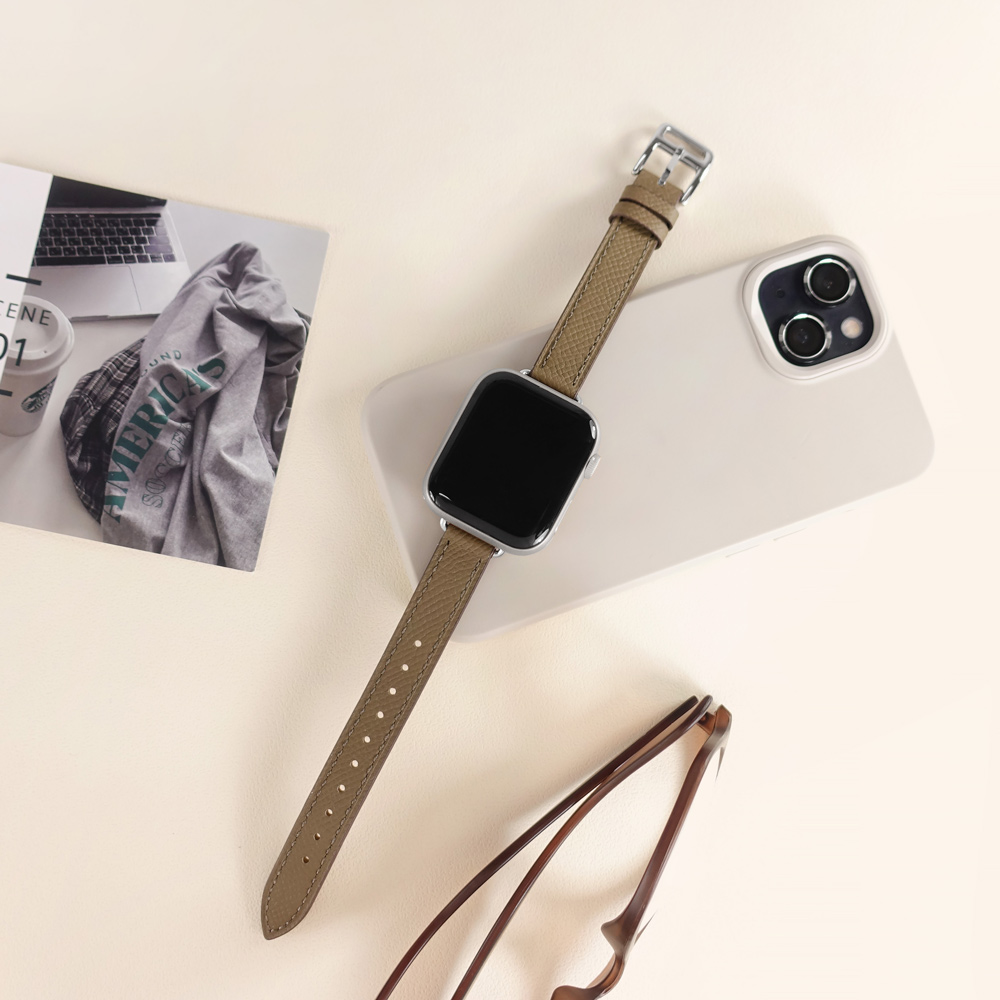 Apple Watch 全系列通用錶帶 蘋果手錶替用錶帶 荔枝皮紋 同寬 真皮錶帶 灰綠色 ＃858-078-GG