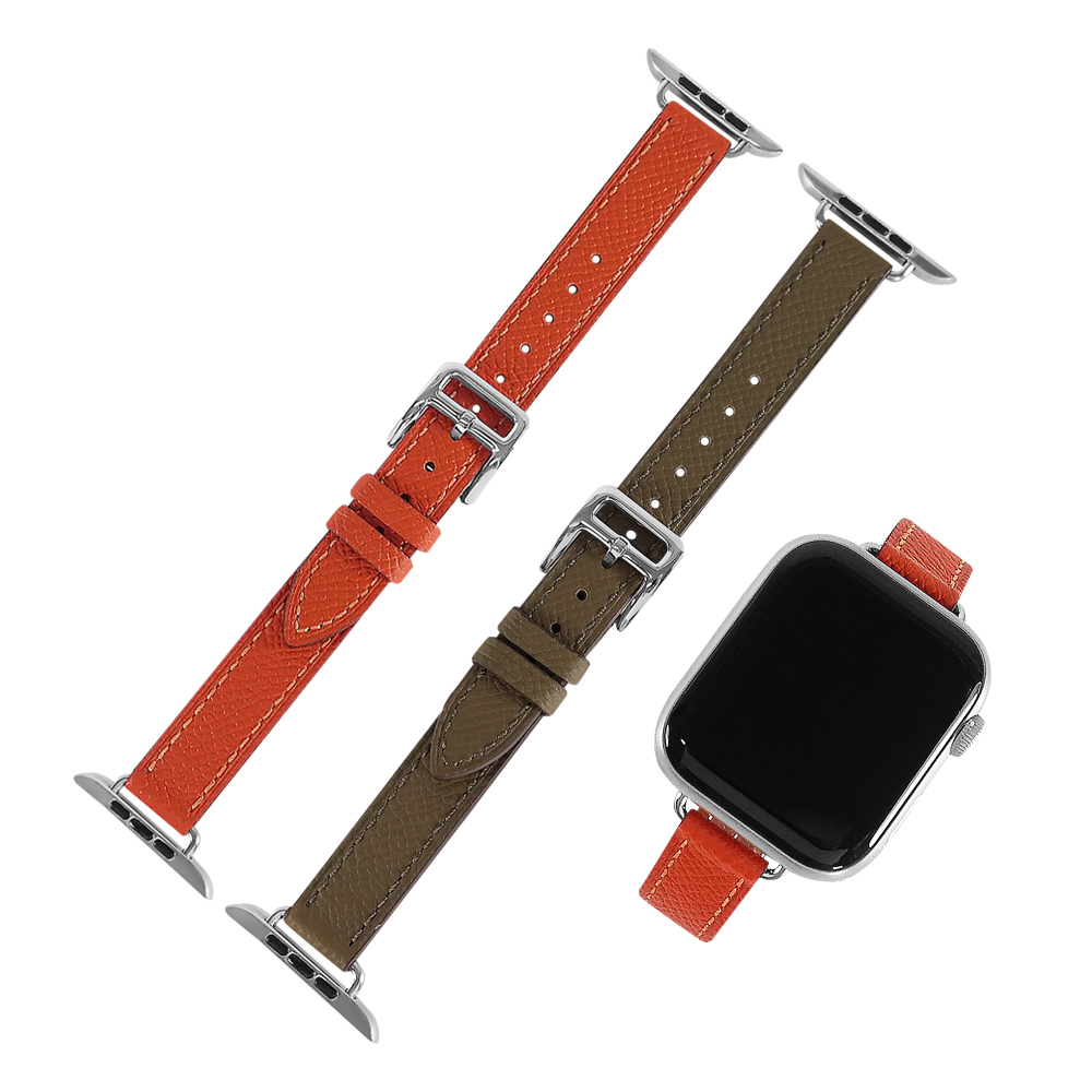 Apple Watch 全系列通用錶帶 蘋果手錶替用錶帶 荔枝皮紋 同寬真皮錶帶 灰綠色/橘色