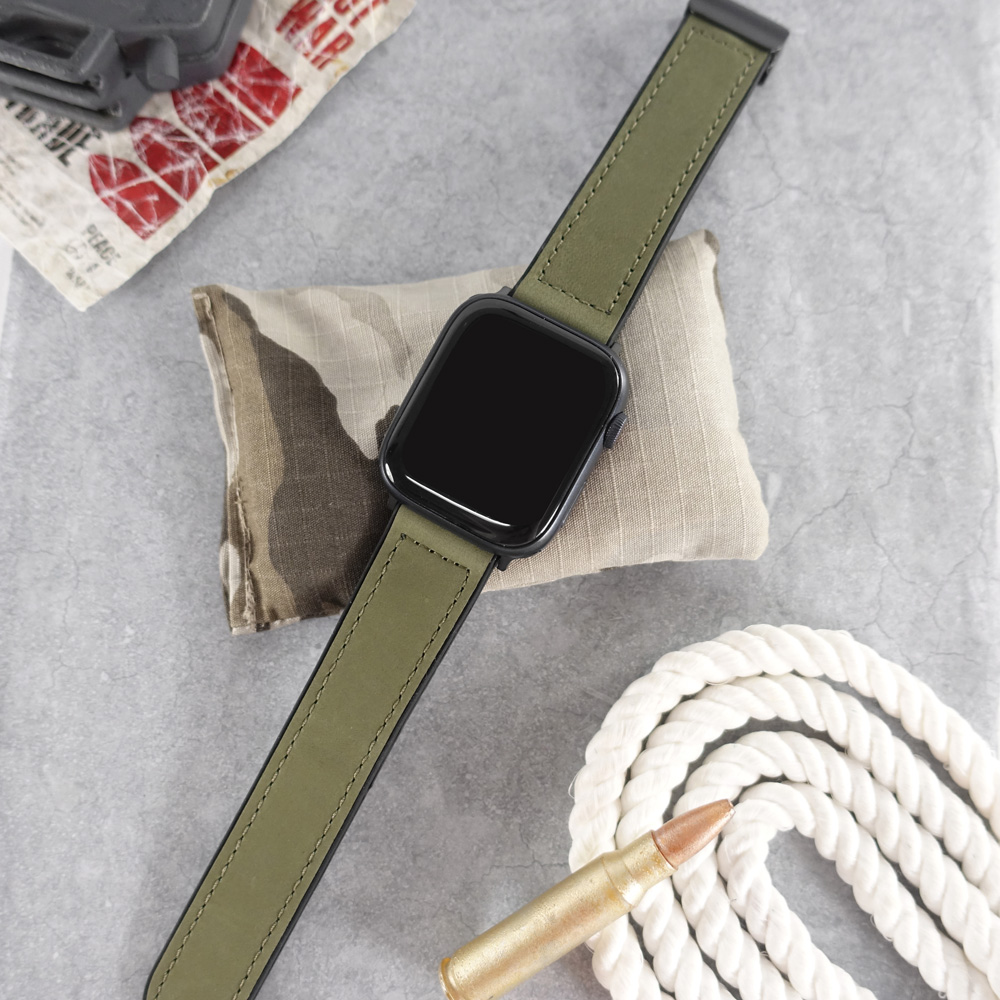 Apple Watch 全系列通用錶帶 蘋果手錶替用錶帶 黑鋼磁吸扣 外皮革內橡膠錶帶 綠色#858-336IC-GN