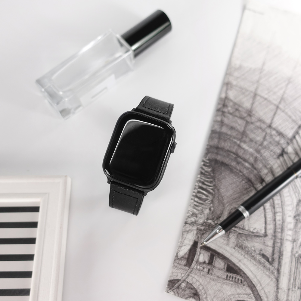 Apple Watch 全系列通用錶帶 蘋果手錶替用錶帶 黑鋼磁吸扣 外皮革內橡膠錶帶 黑色#858-336IC-BK