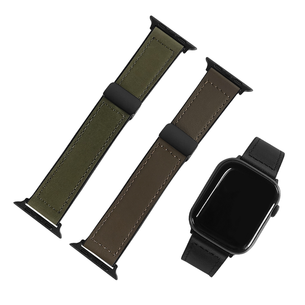 Apple Watch 全系列通用錶帶 蘋果手錶替用錶帶 黑鋼磁吸扣 皮革橡膠錶帶 綠/黑/褐色#858-336IC