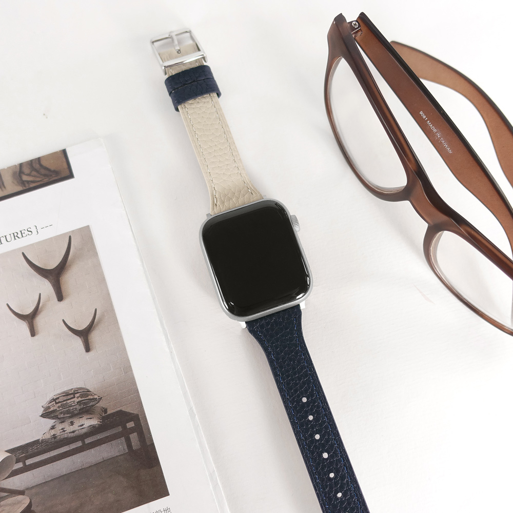 Apple Watch 全系列通用錶帶 蘋果手錶替用錶帶 雙色真皮錶帶 深藍x米白色 ＃858-392T-NBE
