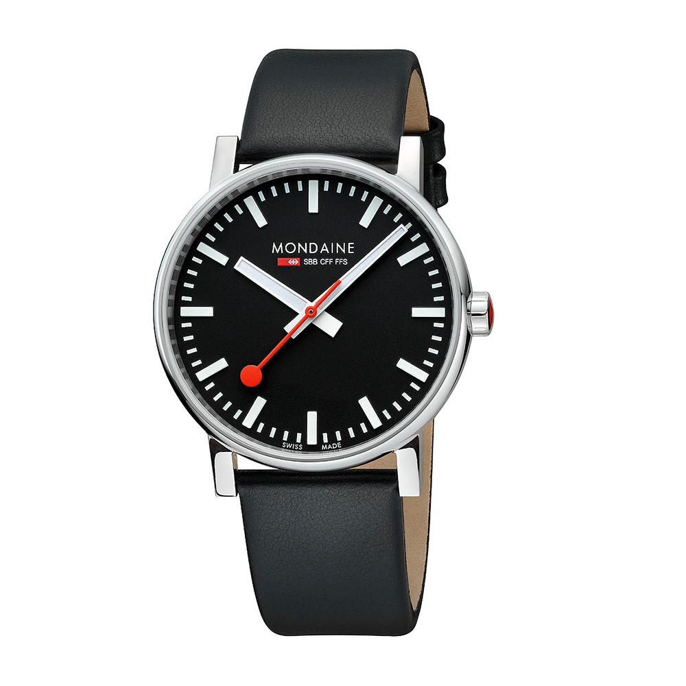 MONDAINE 瑞士國鐵evo2 時光走廊腕錶 黑面皮錶帶 / 43120LB / 43mm