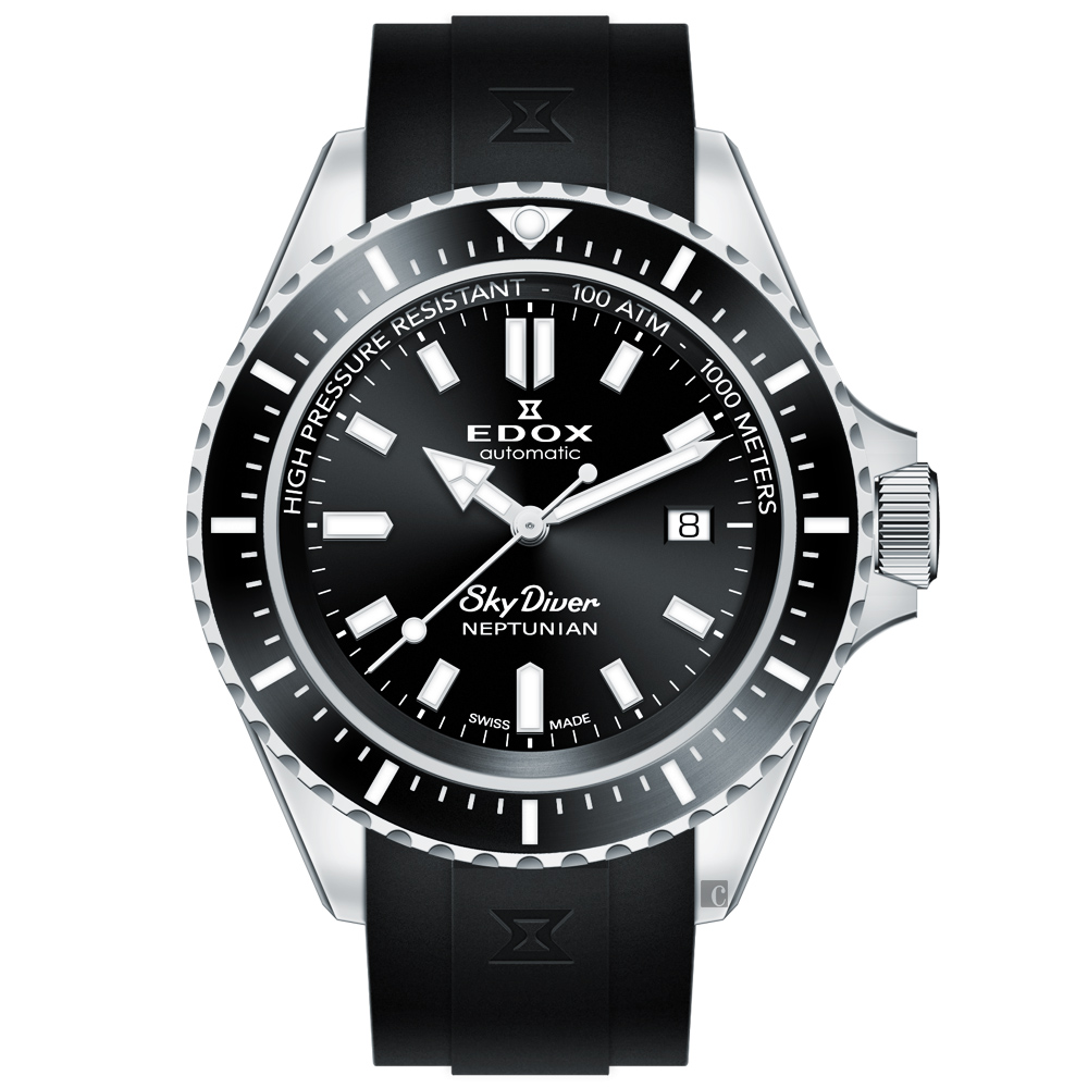EDOX SkyDiver 海神波賽頓 1000米潛水機械錶-黑 E80120.3NCA.NIN