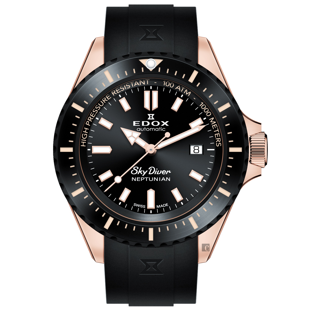 EDOX SkyDiver 海神波賽頓 1000米潛水機械錶-黑x玫瑰金 E80120.37RNNCA.NIR