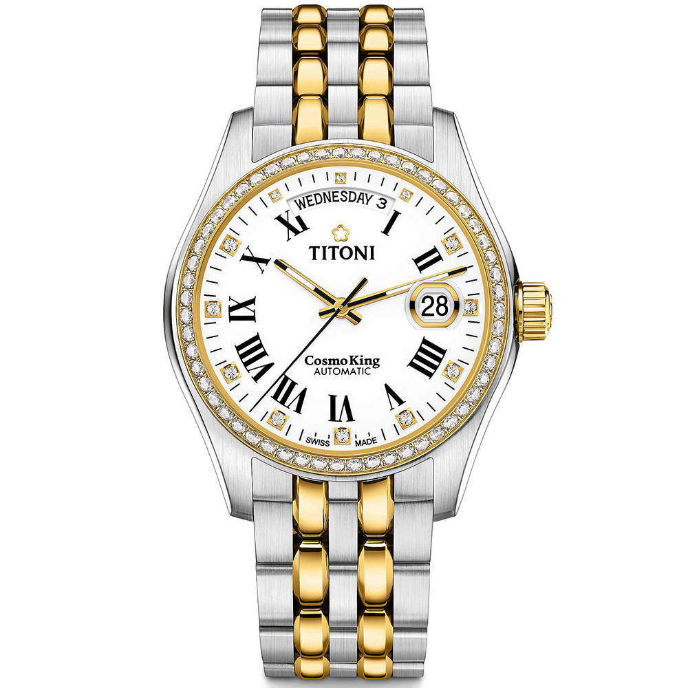 【TITONI瑞士梅花錶】 宇宙系列 白色錶盤/間金不鏽鋼鍊帶-40mm(797 SY-DB-019)