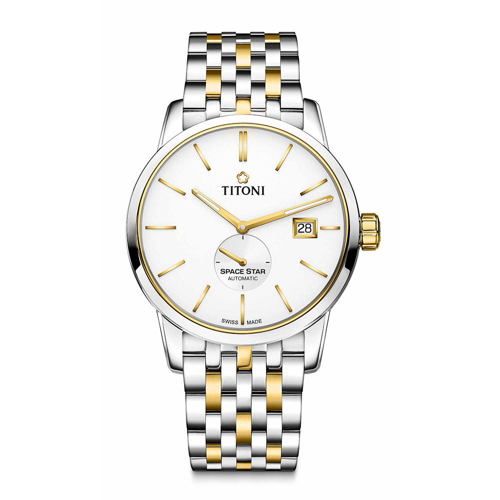 【TITONI瑞士梅花錶】 天星系列 白色錶盤/間金不鏽鋼鍊帶-40mm(83638 SY-606)