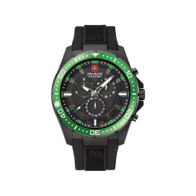【SWISS MILITARY HANOWA】SQUAD瑞士軍錶個性三眼計時日期矽膠腕錶-活潑綠/SM10115JPB19BK.02
