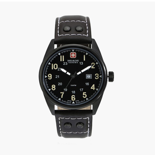 【SWISS MILITARY HANOWA】瑞士軍錶簡約素面日期真皮腕錶-時尚黑/SM13212JSBDB.H02