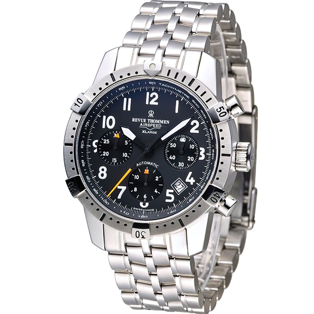REVUE THOMMEN 梭曼錶 XLARGE系列 三眼計時自動機械腕錶 黑色x鍊帶/41mm (16055.6137)