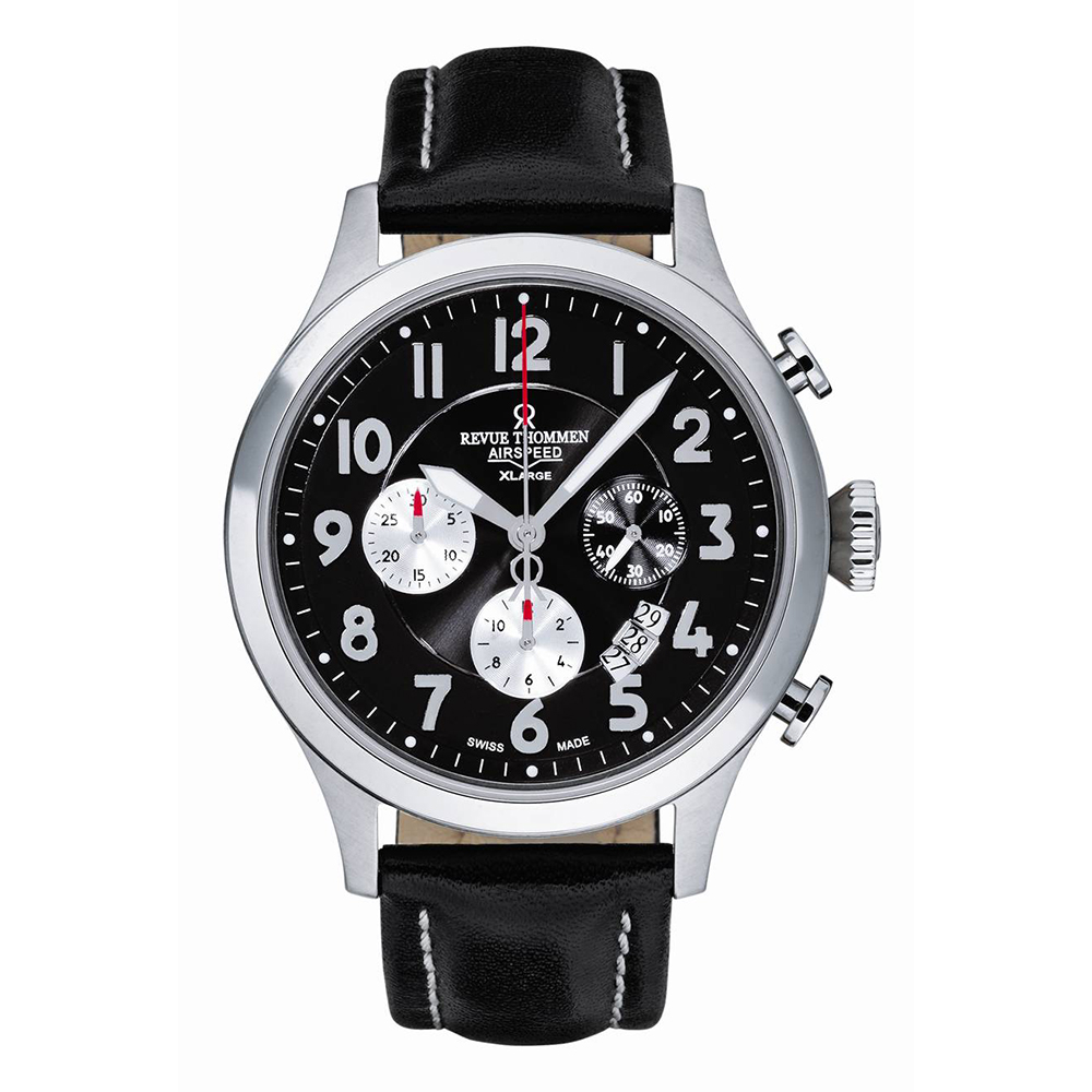 REVUE THOMMEN 梭曼錶 空速系列 三眼計時腕錶 黑面x皮帶/45mm (16062.6537)
