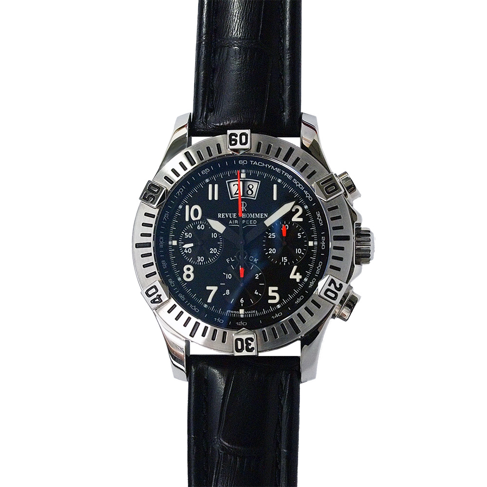 REVUE THOMMEN 梭曼錶 Airspeed系列 三眼計時自動機械男錶 黑面x皮帶/44mm (16075.6534)