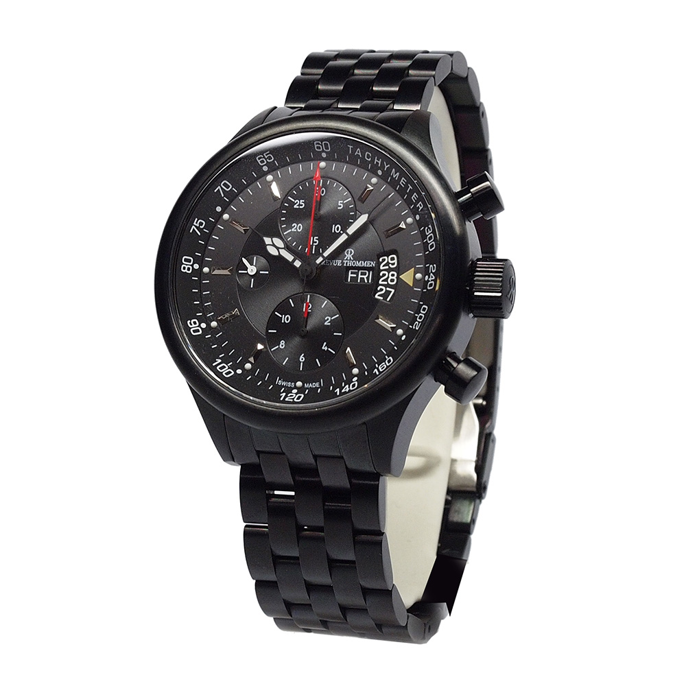 REVUE THOMMEN 梭曼錶 PILOT系列 三眼計時自動機械腕錶 黑色面盤x鍊帶/44mm (17060.6177)