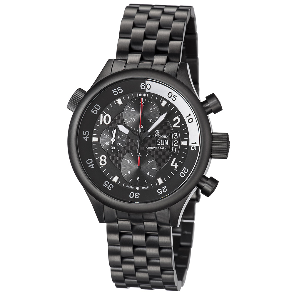 REVUE THOMMEN 梭曼錶 PILOT系列 三眼計時自動機械腕錶 碳纖面盤x鍊帶/44mm (17061.6177)