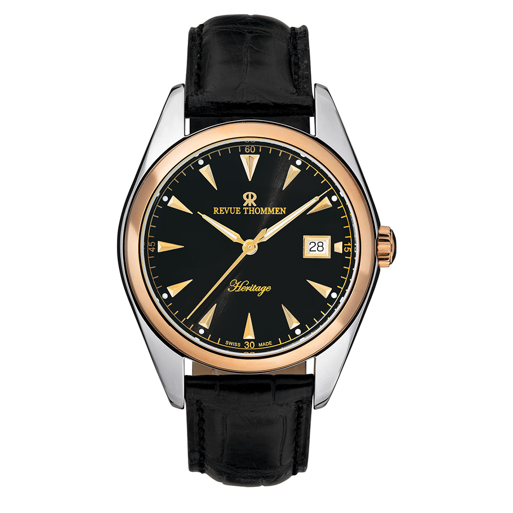 REVUE THOMMEN 梭曼錶 紳士機械錶 黑面x玫瑰金框x皮帶/41mm (21010.2557)