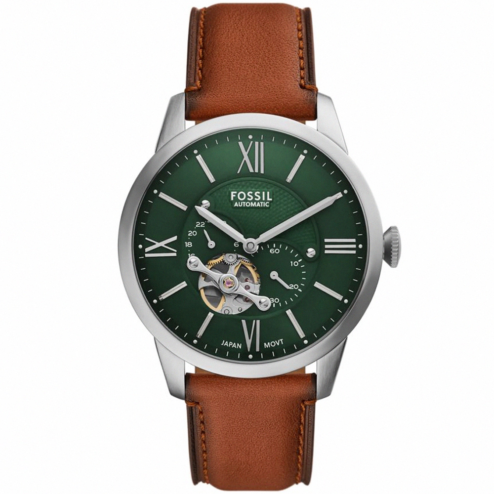 【FOSSIL】公司貨 Townsman 都市摩登鏤空機械皮革腕錶/棕x綠面 男錶(ME3265)