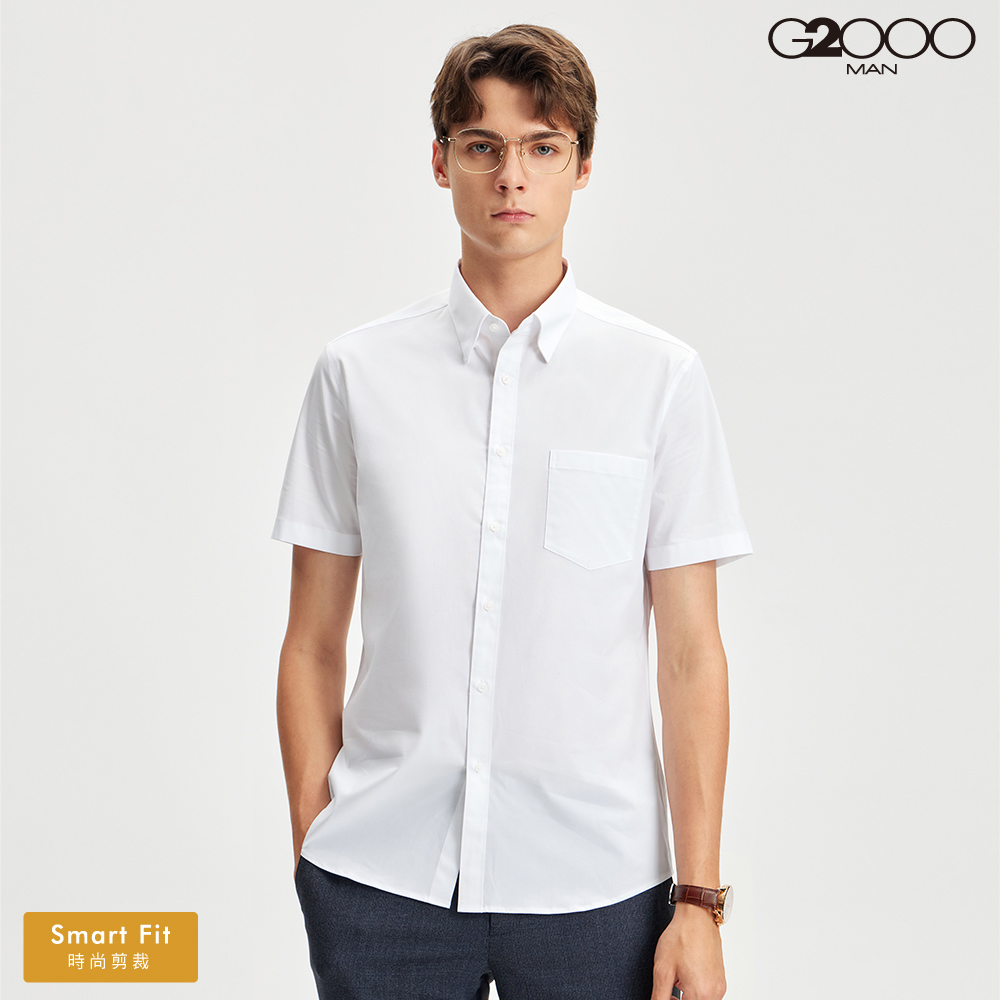 G2000時尚單色紗短袖上班襯衫-白色