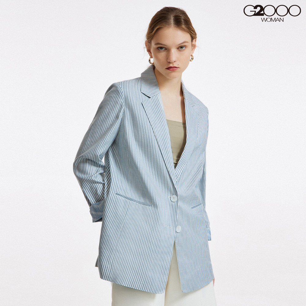 【G2000】仿麻長版西裝外套-灰藍色