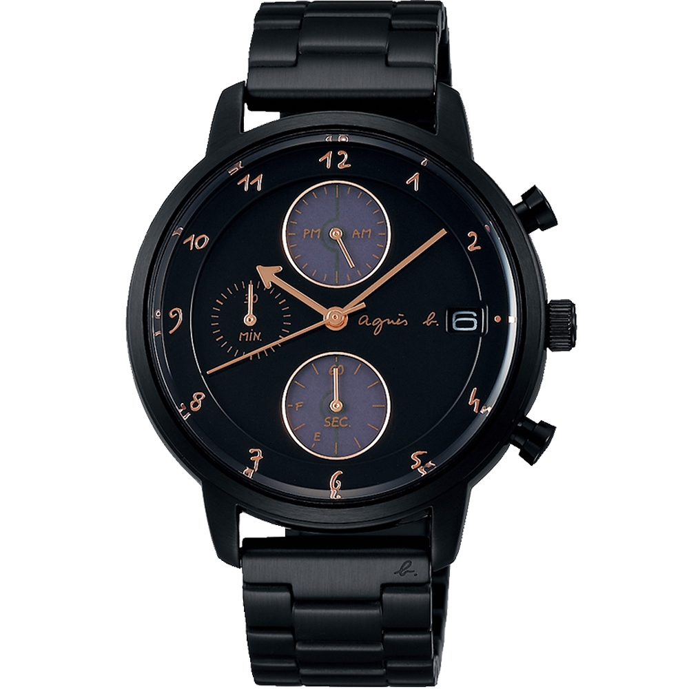 agnes b. 經典手寫風數字太陽能鋼錶帶計時女錶(BZ6005X1/VR43-KLJ0SD)黑 40mm