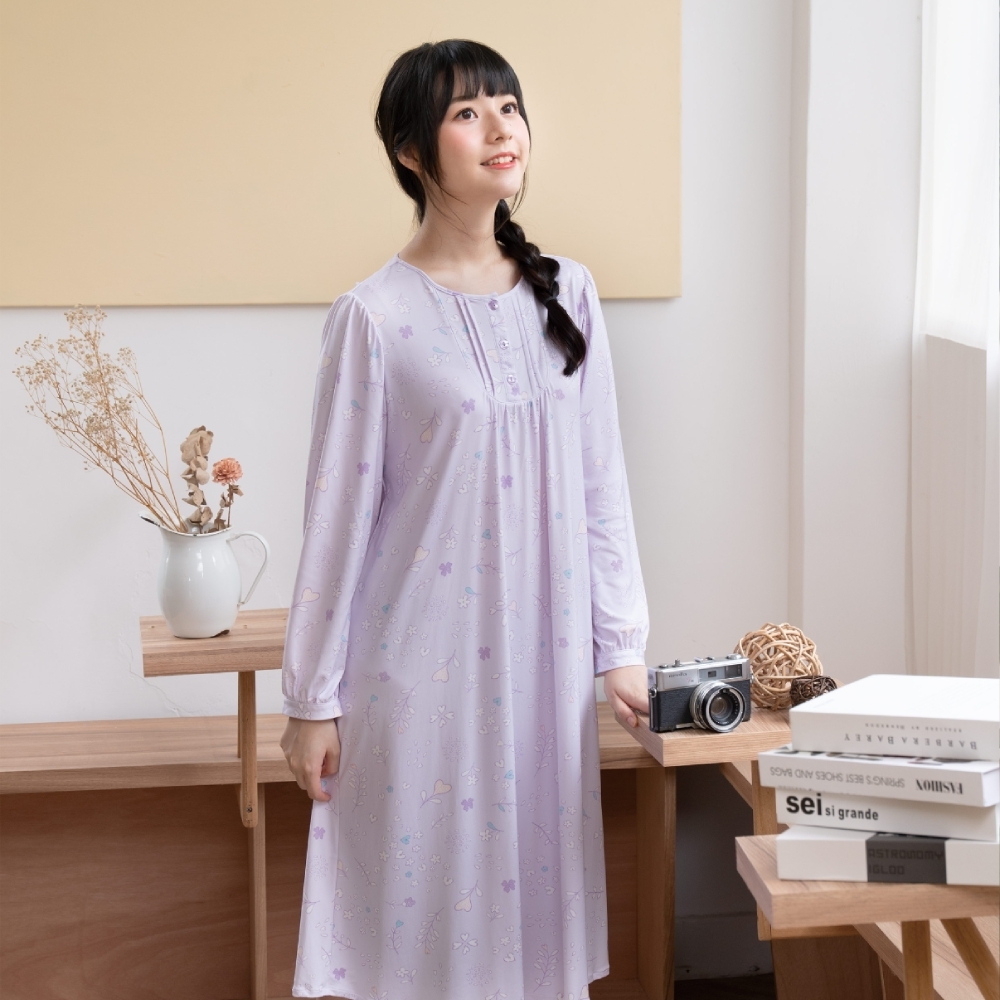 【華歌爾睡衣】睡眠研究系列 M-LL長袖睡衣裙裝(紫) 吸濕快乾-透氣柔軟-LWB07003PB