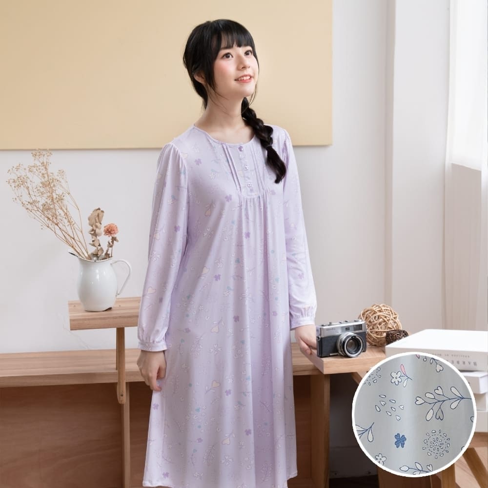 【華歌爾睡衣】睡眠研究系列 M-LL長袖睡衣裙裝(灰藍) 吸濕快乾-透氣柔軟-LWB07003VK