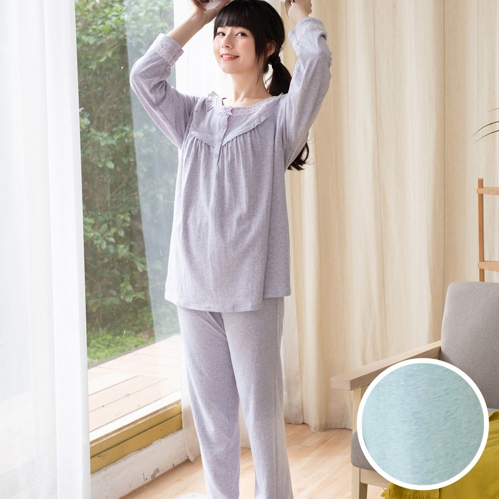 【華歌爾睡衣】睡眠研究系列 M-LL長袖褲裝(藍綠) 圓領半開襟-防蹣抗菌-LWB55903GB