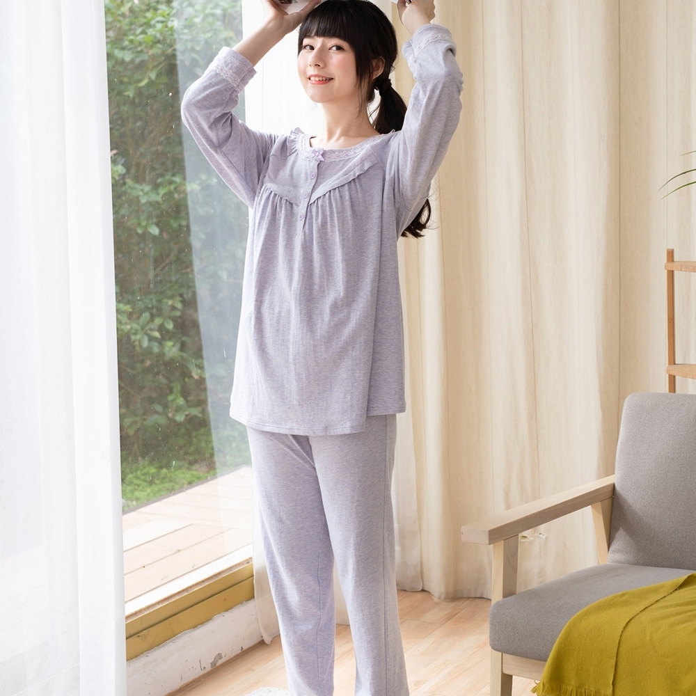 【華歌爾睡衣】睡眠研究系列 M-LL長袖褲裝(紫) 圓領半開襟-防蹣抗菌-LWB55903PU