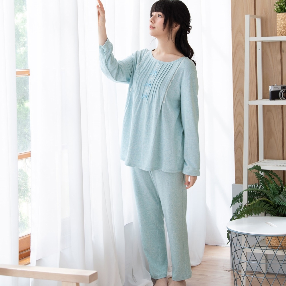 【華歌爾睡衣】睡眠研究系列 M-L長袖褲裝(藍綠) 圓領無開襟-防蹣抗菌-LWB56003GB